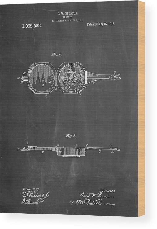 Pp992-chalkboard Pocket Transit Compass 1919 Patent Poster Wood Print featuring the digital art Pp992-chalkboard Pocket Transit Compass 1919 Patent Poster by Cole Borders