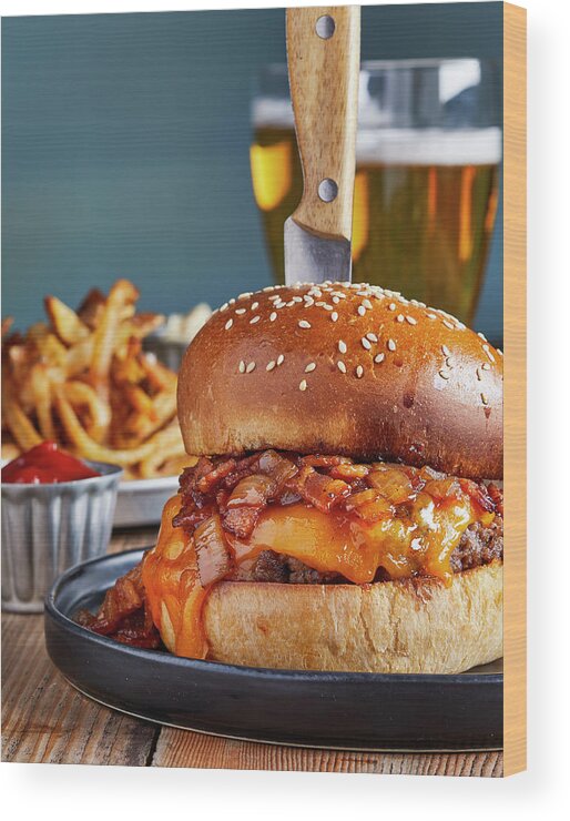Pub Wood Print featuring the photograph Pub burger and fries by Cuisine at Home