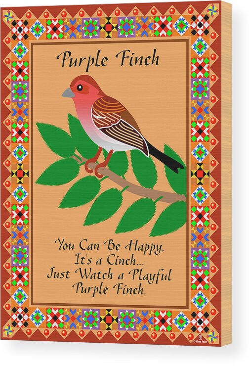 Purple Finch Bird Poem Quilted Border Wood Print featuring the digital art Purple Finch Quilt by Mark Frost