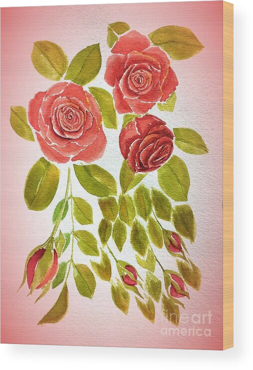 Red Wood Print featuring the painting Red Rose Floral Pre Framed by Delynn Addams