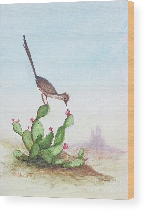 Wildlife Wood Print featuring the painting Roadrunner and Cacti by Roseann Gilmore