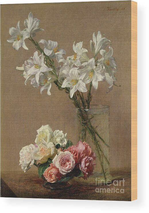Oil Painting Wood Print featuring the drawing Roses And Lilies by Heritage Images