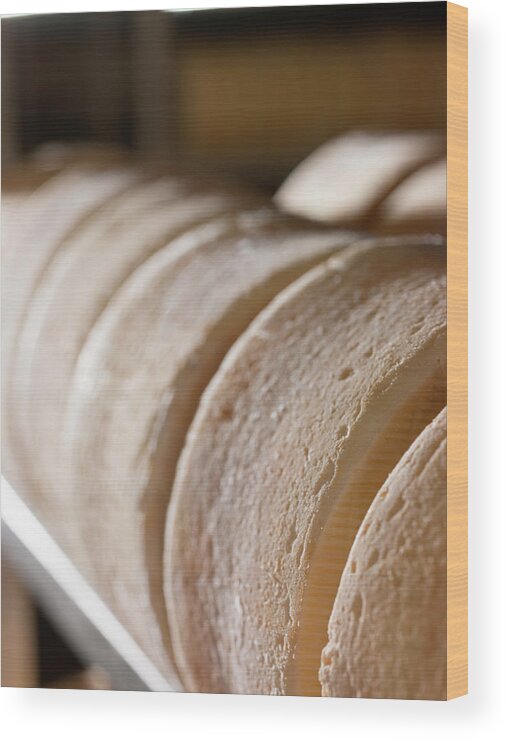 Cheese Wood Print featuring the photograph Row Of Handmade Cheese Rounds by Lewis Mulatero
