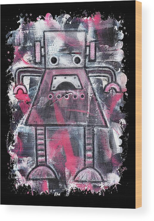 Robot Wood Print featuring the painting Ruby Robot Graphic by Roseanne Jones