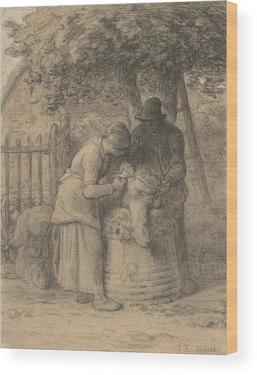 19th Century Art Wood Print featuring the drawing Sheepshearing Beneath a Tree by Jean-Francois Millet