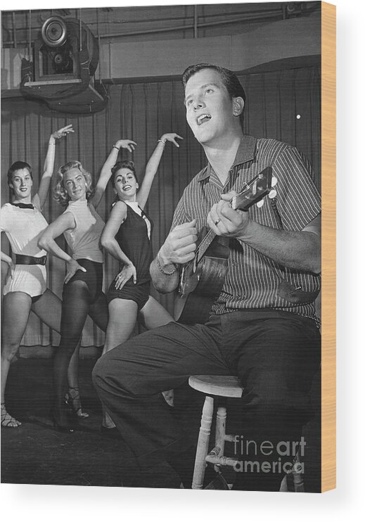 Singer Wood Print featuring the photograph Singer Pat Boone Rehearsing With Dancers by Bettmann