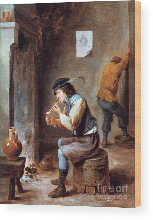 Headwear Wood Print featuring the drawing Smoker In Front Of A Fire, 17th by Print Collector