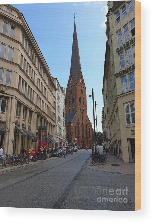 Hamburg Wood Print featuring the photograph St. Petri from Bergstrasse by Yvonne Johnstone