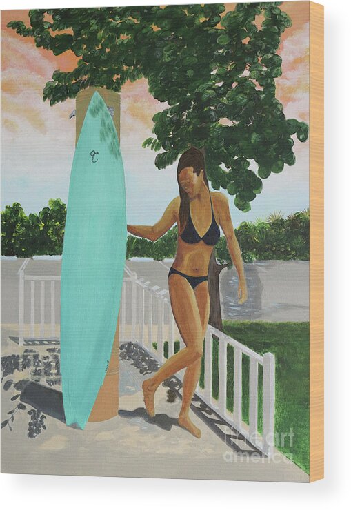 Beach Wood Print featuring the painting Surfer Girl Beach Shower by Jenn C Lindquist