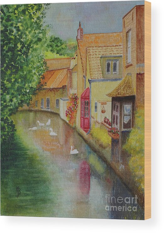 Bruges Wood Print featuring the painting Swan Canal by Karen Fleschler