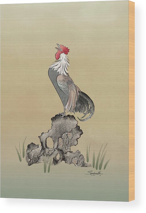 Asian Wood Print featuring the mixed media The Cockerel by M Spadecaller