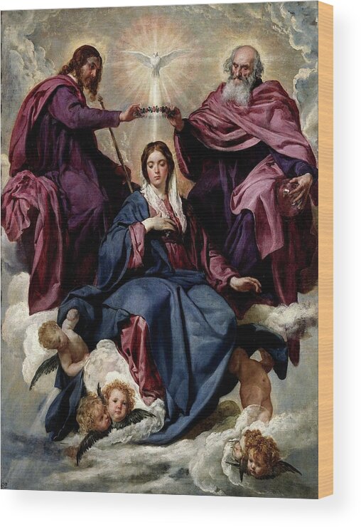 Diego Velazquez Wood Print featuring the painting 'The Coronation of the Virgin', ca. 1635, Spanish School, ... by Diego Velazquez -1599-1660-