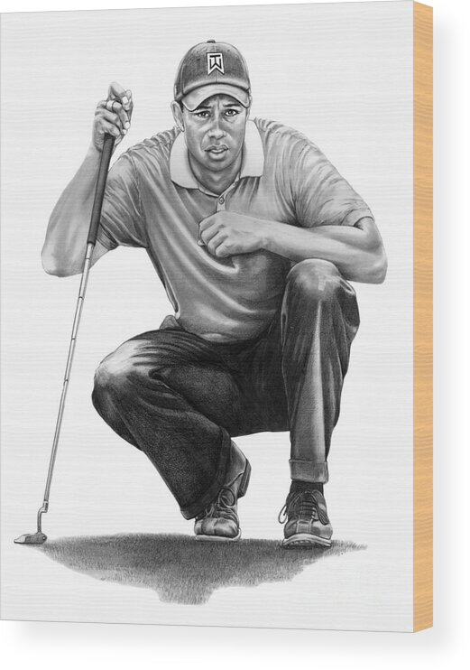 Pencil Wood Print featuring the drawing Tiger Woods Crouching Tiger by Murphy Elliott