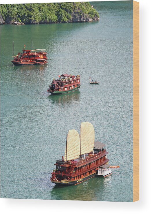 Seascape Wood Print featuring the photograph Tourist wooden Boats at Halong Bay Vietnam by Michalakis Ppalis