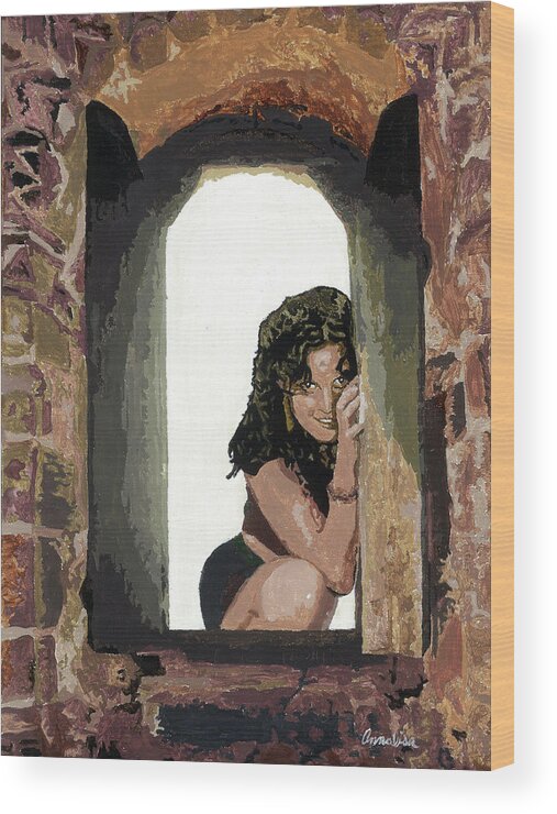 Portraits Wood Print featuring the painting Waiting at the Window by Annalisa Rivera-Franz
