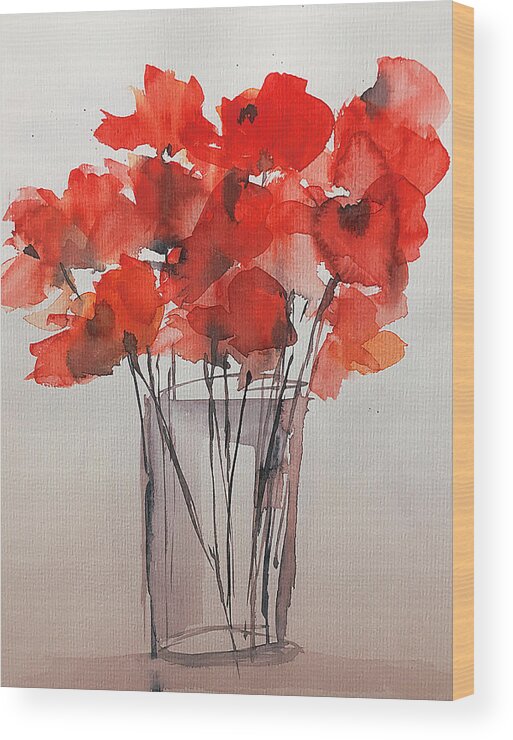 Red Wood Print featuring the painting Watercolor Red Poppies In The Vase by Britta Zehm