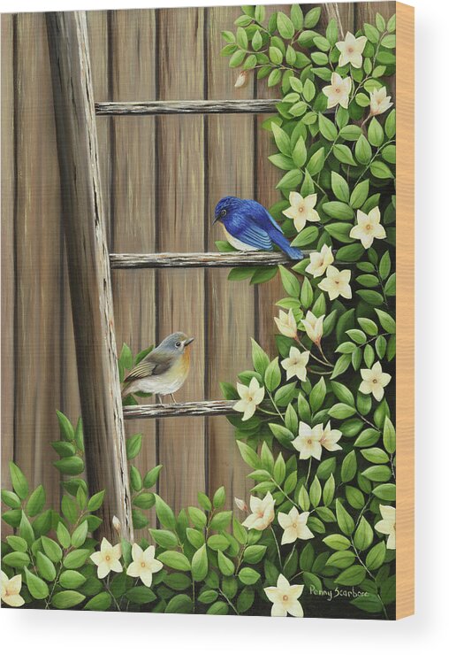 Weathered And Feathered Wood Print featuring the painting Weathered And Feathered by Art By Penny Elaine
