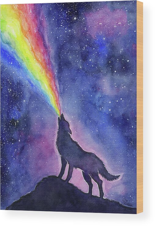 Space Wood Print featuring the painting Wolf Rainbow in Space by Olga Shvartsur