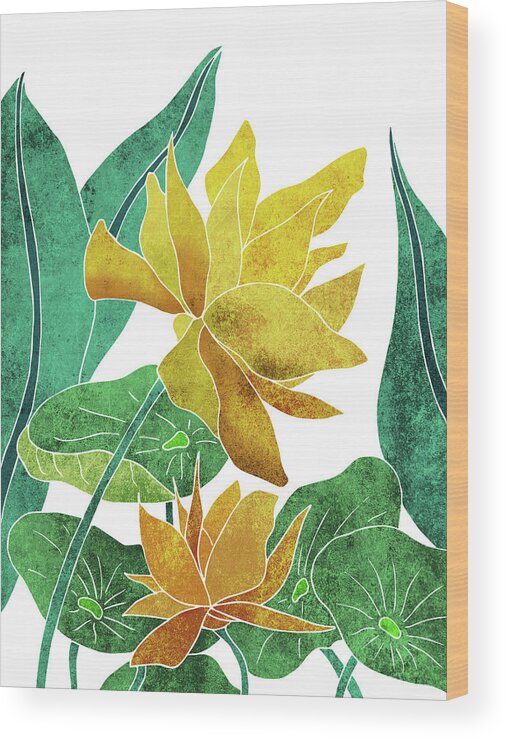 Lotus Wood Print featuring the mixed media Yellow Lotus flower - Botanical, Floral, Tropical Art - Modern, Minimal Decor - Yellow, Green by Studio Grafiikka