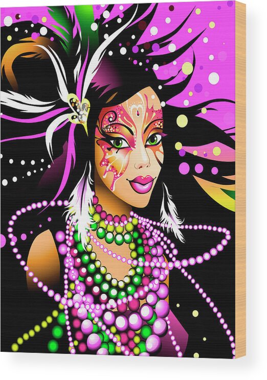 Celebration Wood Print featuring the digital art Young Woman Wearing Mardi Gras Beads by New Vision Technologies Inc
