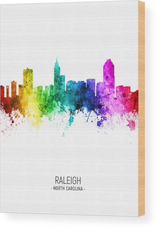 Raleigh Wood Print featuring the digital art Raleigh North Carolina Skyline #08 #1 by Michael Tompsett