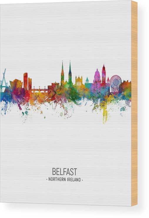 Belfast Wood Print featuring the digital art Belfast Northern Ireland Skyline #16 by Michael Tompsett