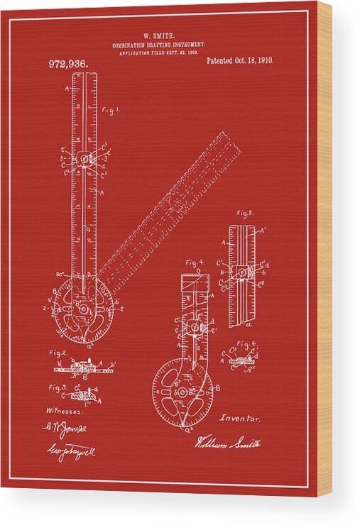 1909 Combination Drafting Instrument Patent Print Wood Print featuring the drawing 1909 Combination Drafting Instrument Red Patent Print by Greg Edwards