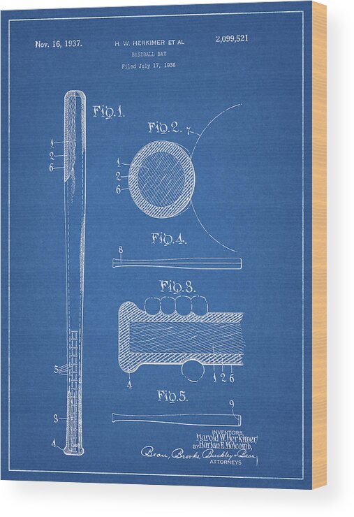 1937 Baseball Bat Patent Wood Print featuring the drawing 1937 Baseball Bat Patent Blueprint by Dan Sproul