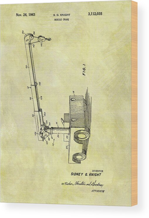 1963 Mobile Crane Patent Wood Print featuring the drawing 1963 Mobile Crane Patent by Dan Sproul