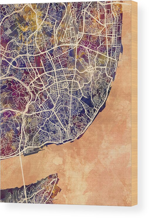 Lisbon Wood Print featuring the digital art Lisbon Portugal City Map #2 by Michael Tompsett