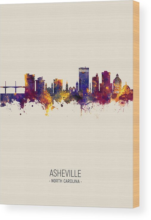 Asheville Wood Print featuring the digital art Asheville North Carolina Skyline #3 by Michael Tompsett