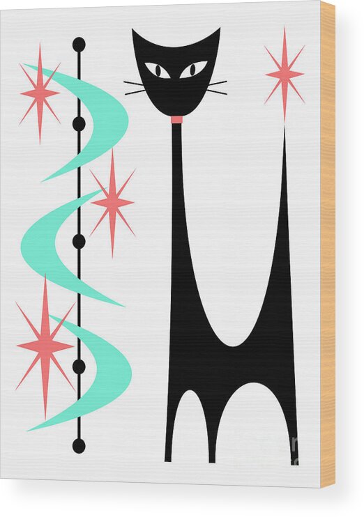 Mid Century Modern Wood Print featuring the digital art Atomic Cat Aqua and Pink #3 by Donna Mibus
