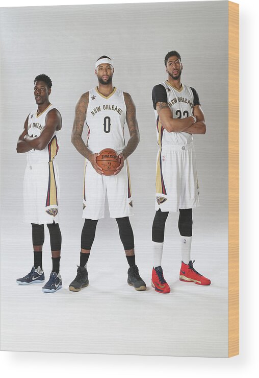 Jrue Holiday Wood Print featuring the photograph Demarcus Cousins, Jrue Holiday, and Anthony Davis #3 by Layne Murdoch