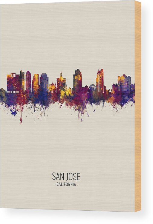 San Jose Wood Print featuring the digital art San Jose California Skyline #4 by Michael Tompsett
