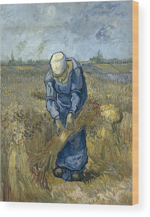 Vincent Van Gogh Wood Print featuring the painting Peasant woman binding sheaves by Vincent van Gogh by Mango Art