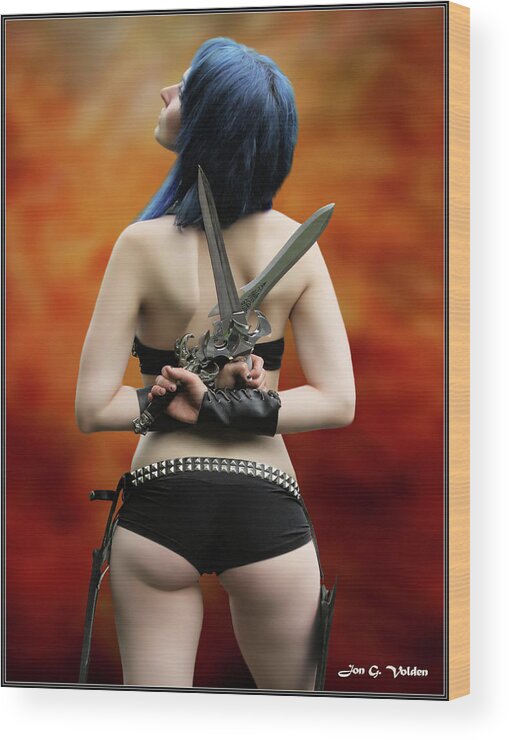 Girl Wood Print featuring the photograph A Girl And Her Knives by Jon Volden