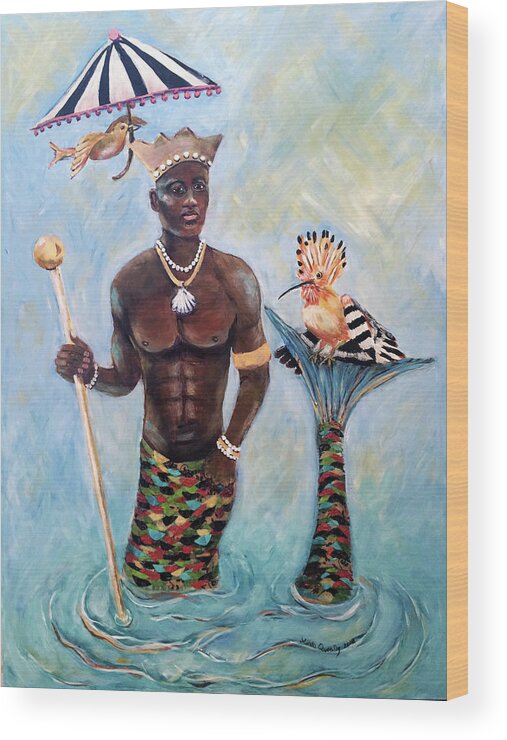 Olokun Wood Print featuring the painting African Merman King Olokun by Linda Queally by Linda Queally