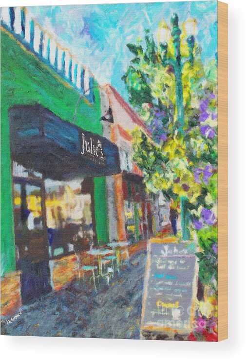 1223 Park Street 94501 Wood Print featuring the painting Alameda Julie's Coffee N Tea Garden by Linda Weinstock
