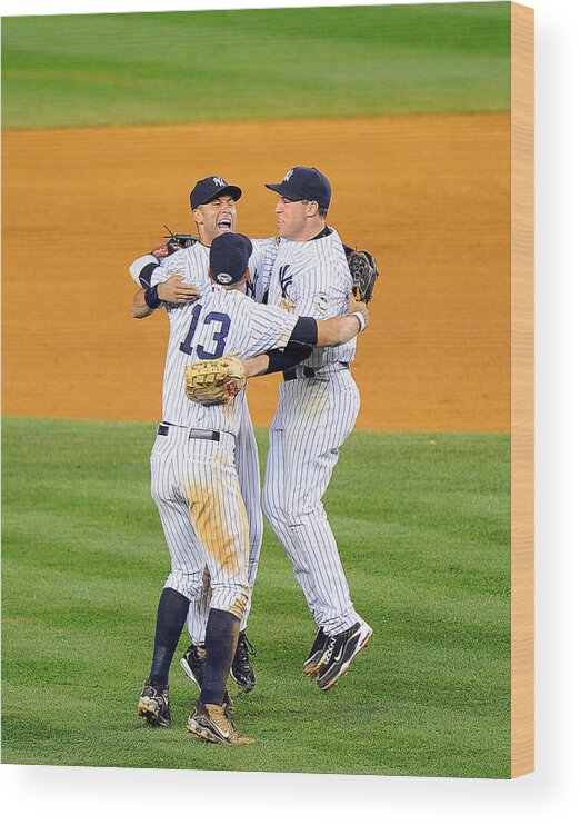 American League Baseball Wood Print featuring the photograph Alex Rodriguez, Mark Teixeira, and Derek Jeter by New York Daily News Archive