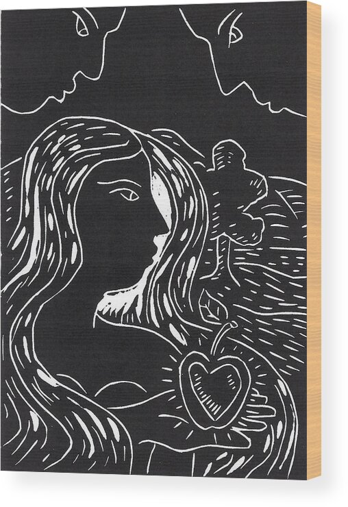Black And White Wood Print featuring the relief All about Eve by Gerry High