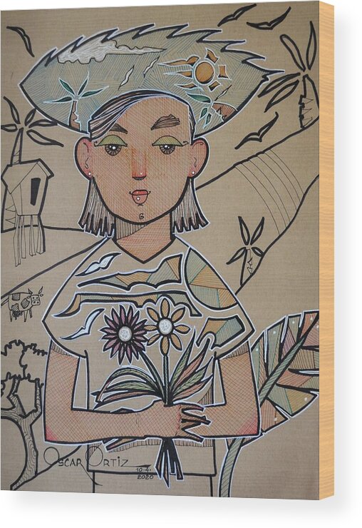 Puerto Rico Wood Print featuring the painting Alyza in Wonder Island by Oscar Ortiz