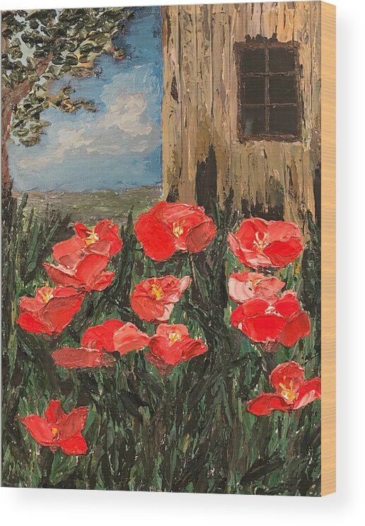 Poppies Wood Print featuring the painting At Sunset by the Old Barn by Ovidiu Ervin Gruia