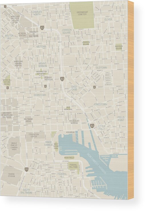 Baltimore Wood Print featuring the drawing Baltimore Downtown Map by Hey Darlin