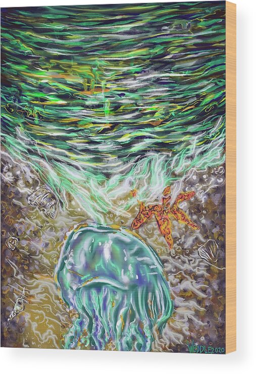  Seascape Wood Print featuring the digital art Bioluminescence by Angela Weddle
