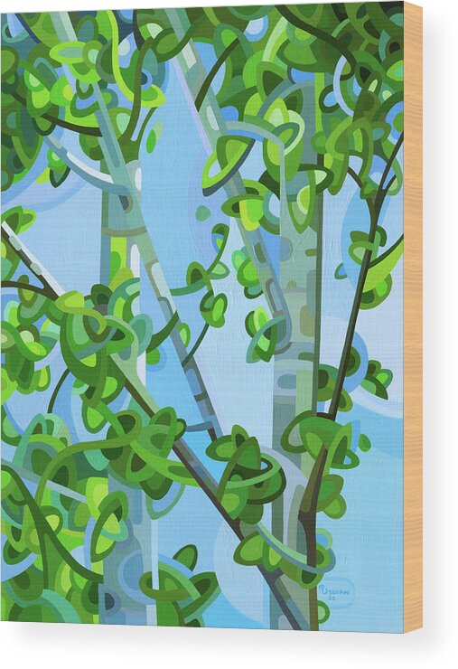 Summer Birch Forest Green Grey Blue Dappled Light Wood Print featuring the painting Birch Light by Mandy Budan