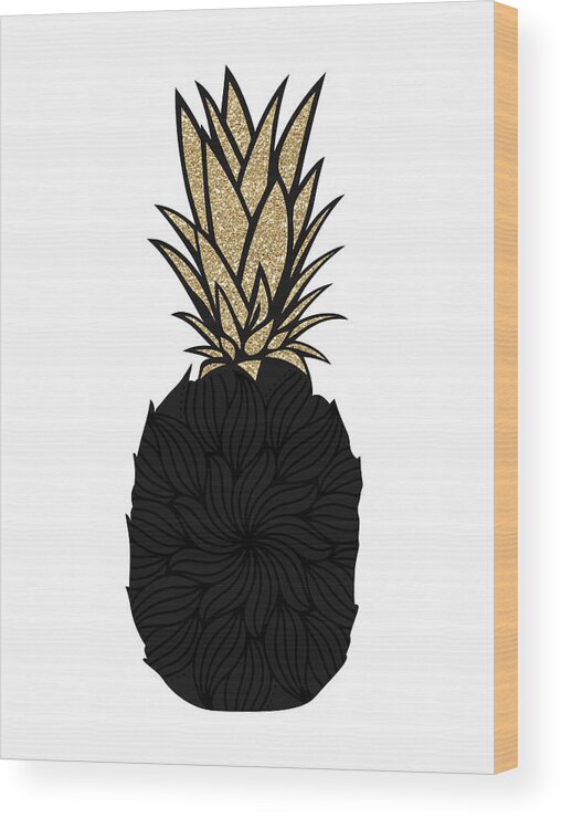 Design Wood Print featuring the digital art Black and Gold Mandala Pineapple by Ink Well