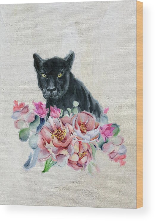Black Panther Wood Print featuring the painting Black Panther With Flowers by Garden Of Delights