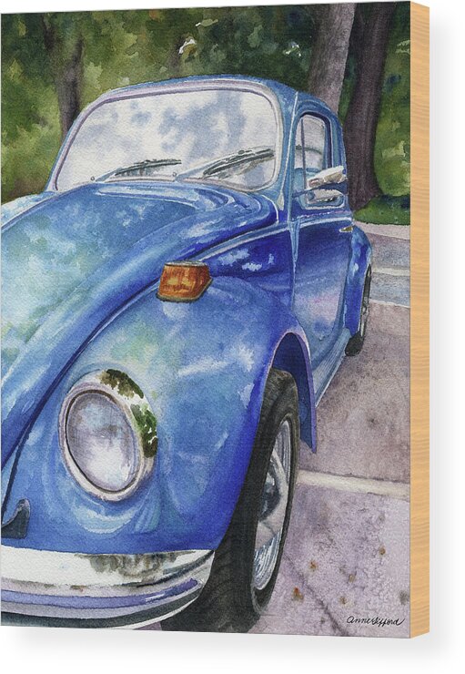 Vintage Car Wood Print featuring the painting Blue Bug Car by Anne Gifford