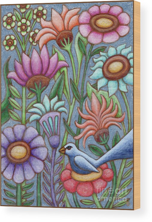 Bird Wood Print featuring the painting Blue Meadow Breeze by Amy E Fraser