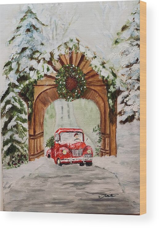 Red Truck Wood Print featuring the painting Bringing Home the Tree by Juliette Becker